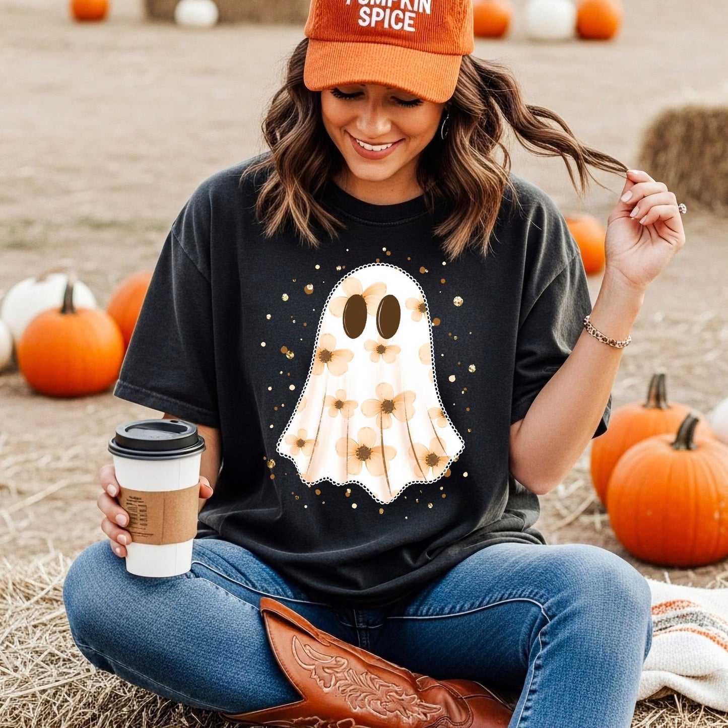 Orange Floral Ghost DTF Transfer