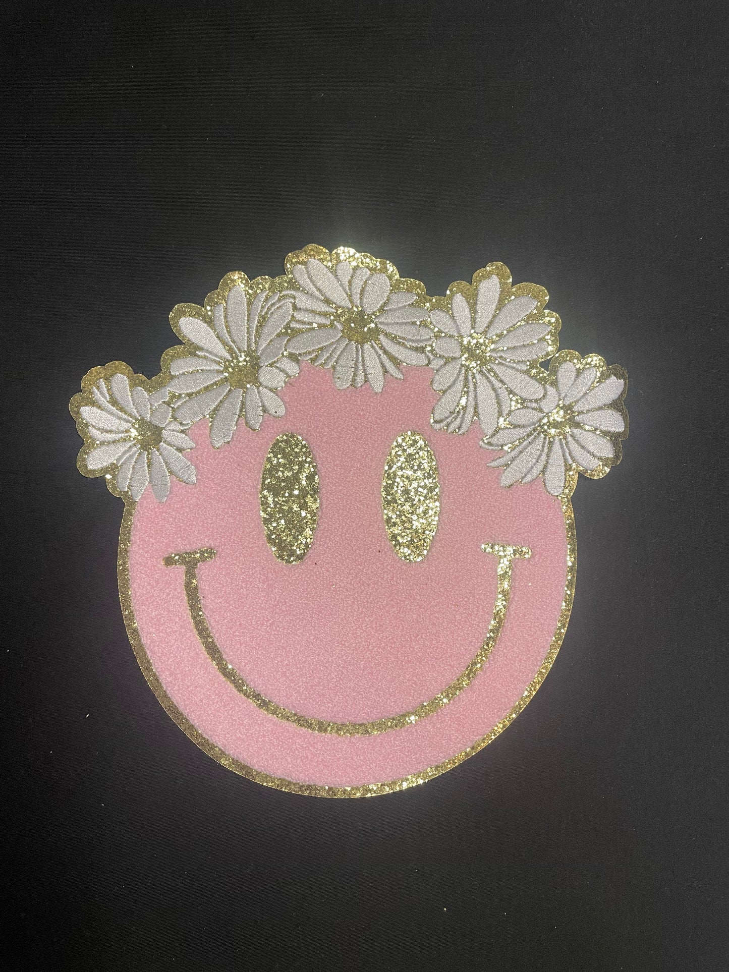 Pink Smiley Floral Crown Chenille Patch