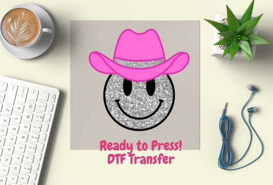 Cowboy Hat Smiley Faux Glitter DTF Transfer