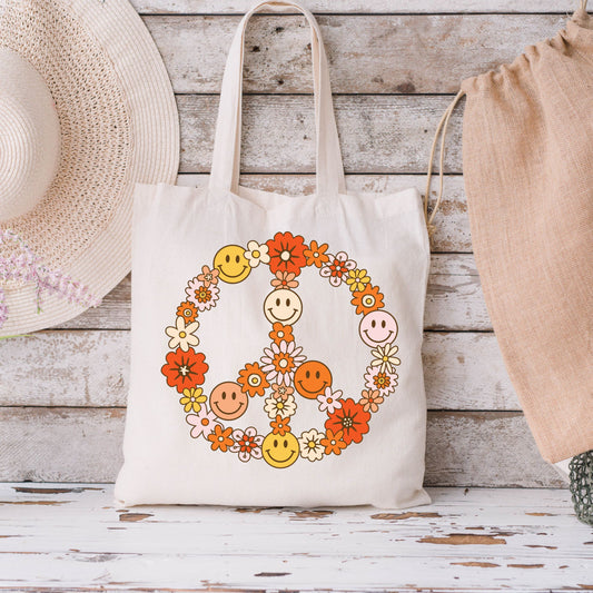 Floral/Smiley Peace Sign Tote Bag