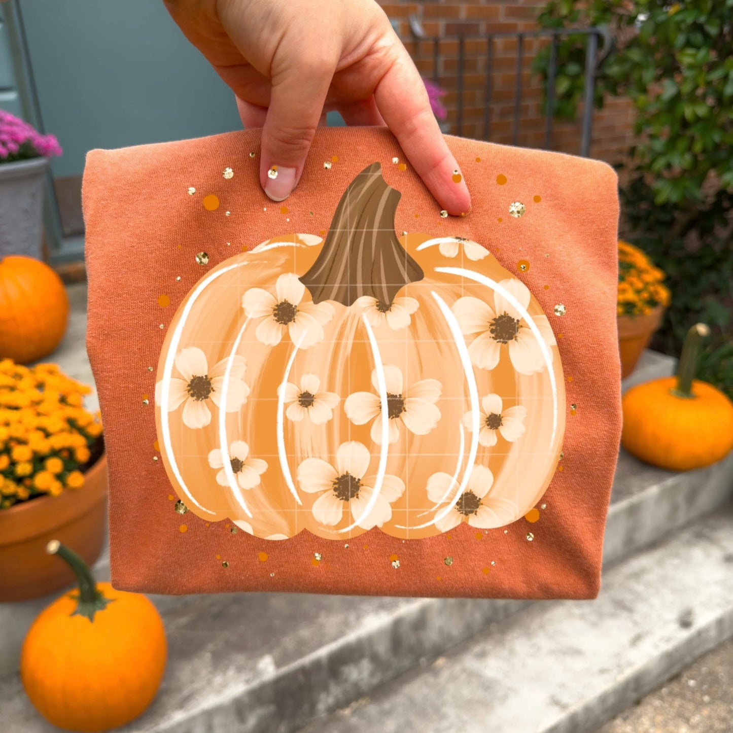 Orange Floral Pumpkin DTF Transfer